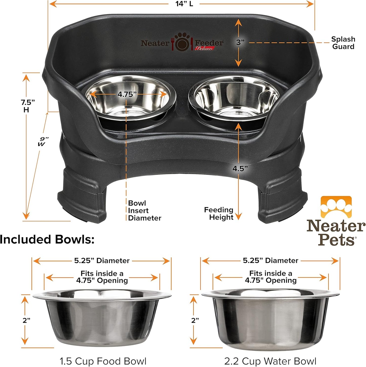 Neater Feeder Deluxe Mess-Proof Elevated Dog Bowls for Small Dogs (Up to 19 Lbs), 2 Height Adjustable (6” & 7.5”) No-Spill Raised Dog Bowl Stand, Stainless Steel Food Bowl Set, Made in USA, Black