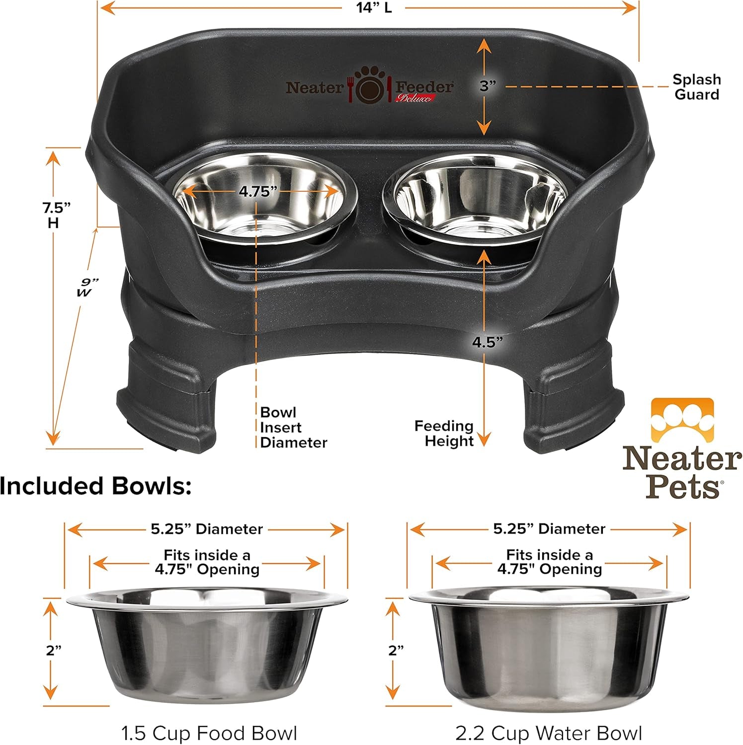 Neater Feeder Deluxe Mess-Proof Elevated Dog Bowls for Small Dogs (Up to 19 Lbs), 2 Height Adjustable (6” & 7.5”) No-Spill Raised Dog Bowl Stand, Stainless Steel Food Bowl Set, Made in USA, Black