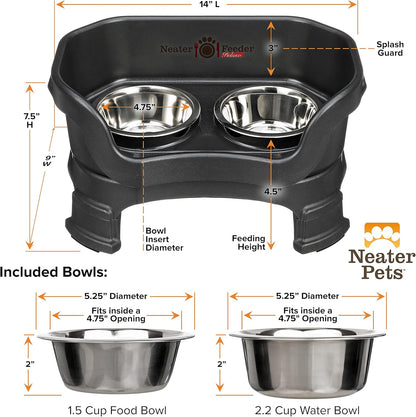 Neater Feeder Deluxe Mess-Proof Elevated Dog Bowls for Small Dogs (Up to 19 Lbs), 2 Height Adjustable (6” & 7.5”) No-Spill Raised Dog Bowl Stand, Stainless Steel Food Bowl Set, Made in USA, Black
