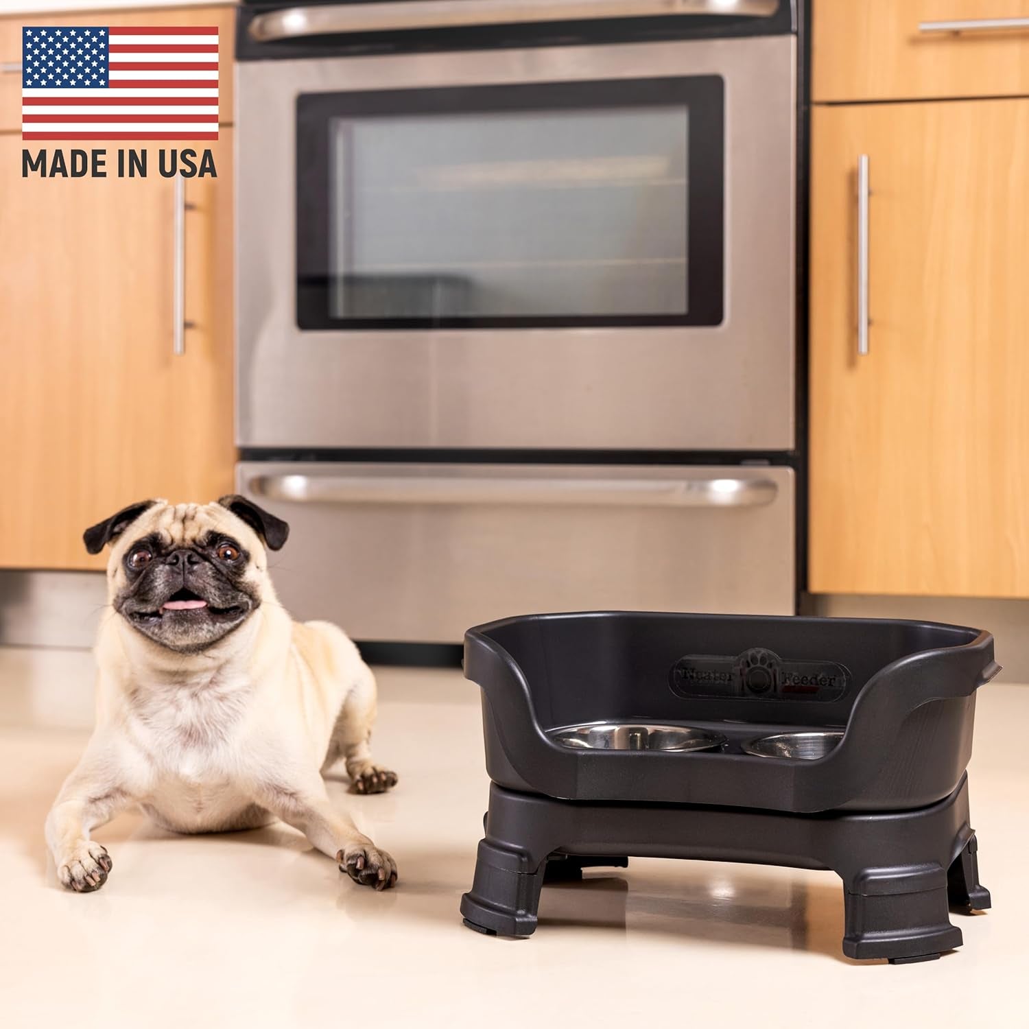 Neater Feeder Deluxe Mess-Proof Elevated Dog Bowls for Small Dogs (Up to 19 Lbs), 2 Height Adjustable (6” & 7.5”) No-Spill Raised Dog Bowl Stand, Stainless Steel Food Bowl Set, Made in USA, Black