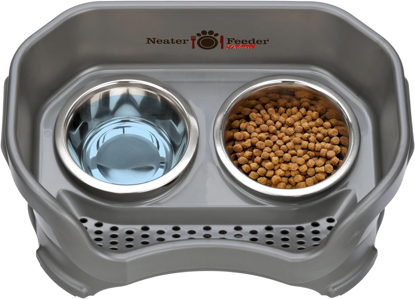 Neater Feeder Deluxe Mess Proof Dog Bowls Elevated for Small Dogs under 19 Lbs, Made in USA, No Spill Raised Dog Food Bowl Stand Feeding Station, Food and Water Bowl Set, Grey
