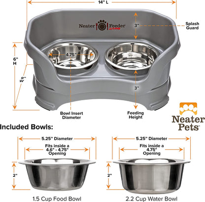 Neater Feeder Deluxe Mess Proof Dog Bowls Elevated for Small Dogs under 19 Lbs, Made in USA, No Spill Raised Dog Food Bowl Stand Feeding Station, Food and Water Bowl Set, Grey
